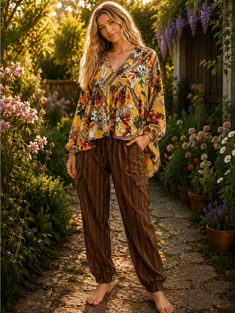 Rêveuse Large Floral Yellow V Neck Blouse